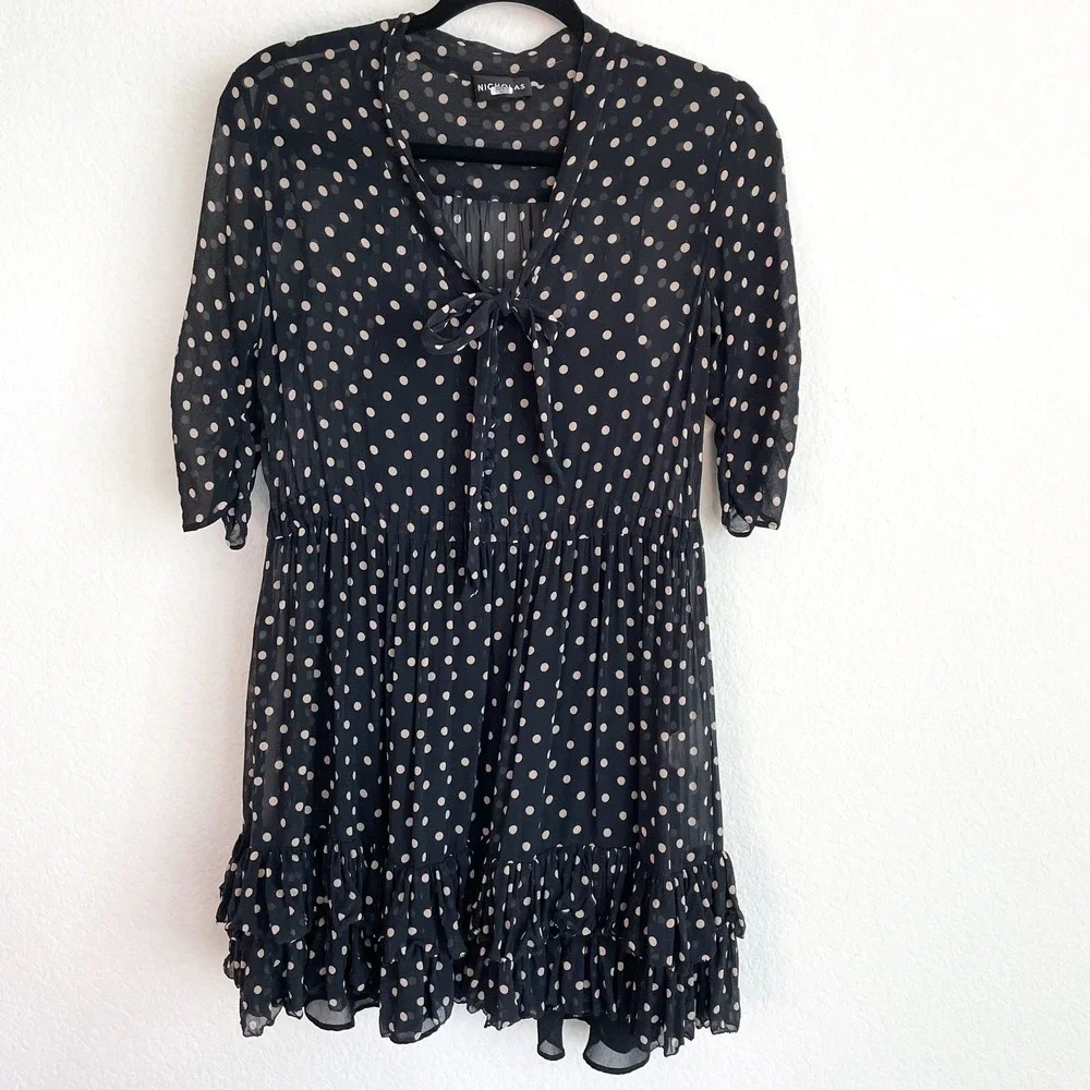 NICHOLAS Black‎ Polka Dot Chiffon Ruffle Mini Dress 0